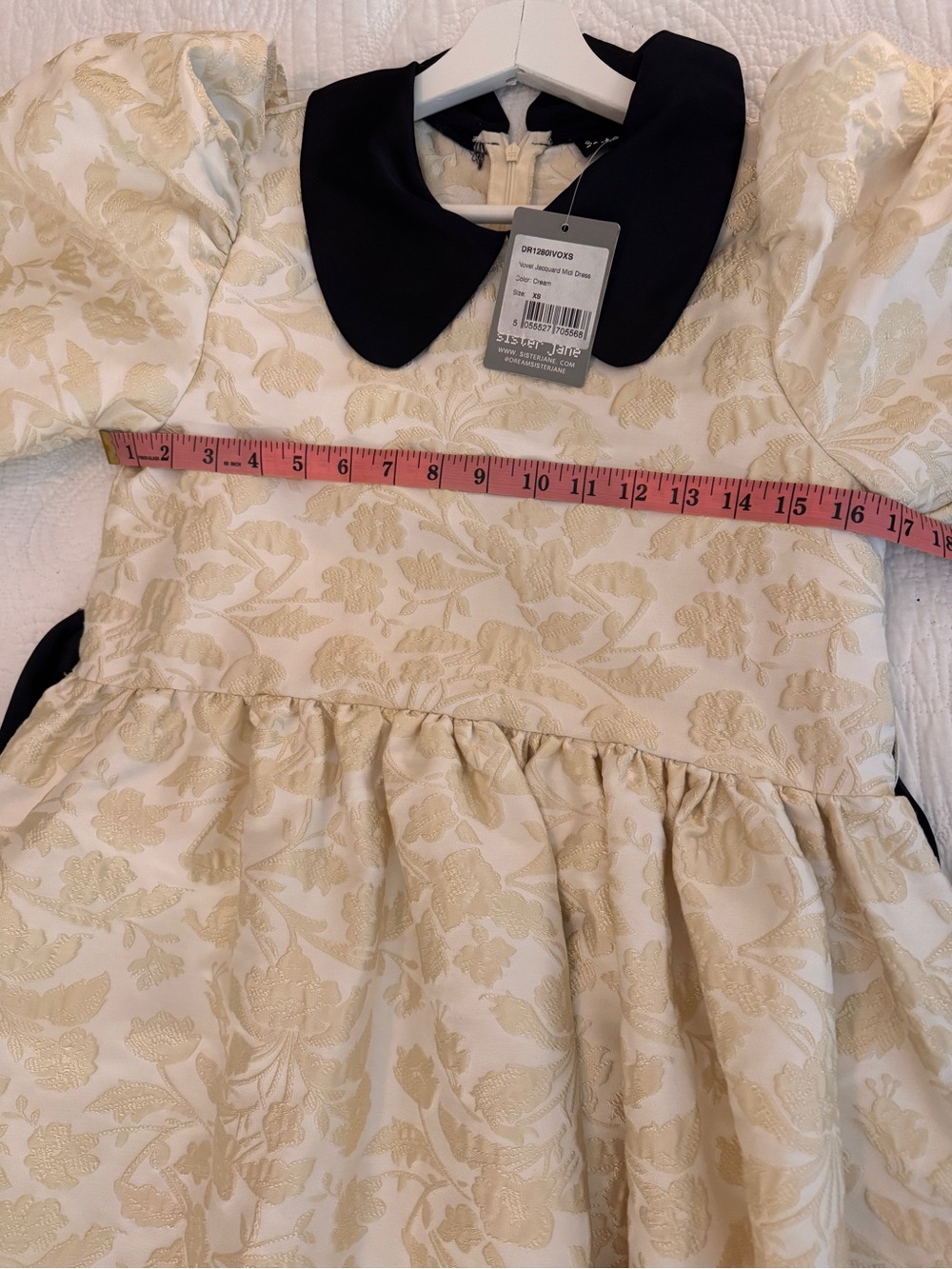 Sister Jane Jacquard Puff Sleeve Dress Black Satin Peter Pan Collar & Ribbon NWT - Picture 14 of 16